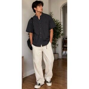 7 Diamonds Restless Shirt Mens Large Navy Band Collar Short Sleeve Button Down